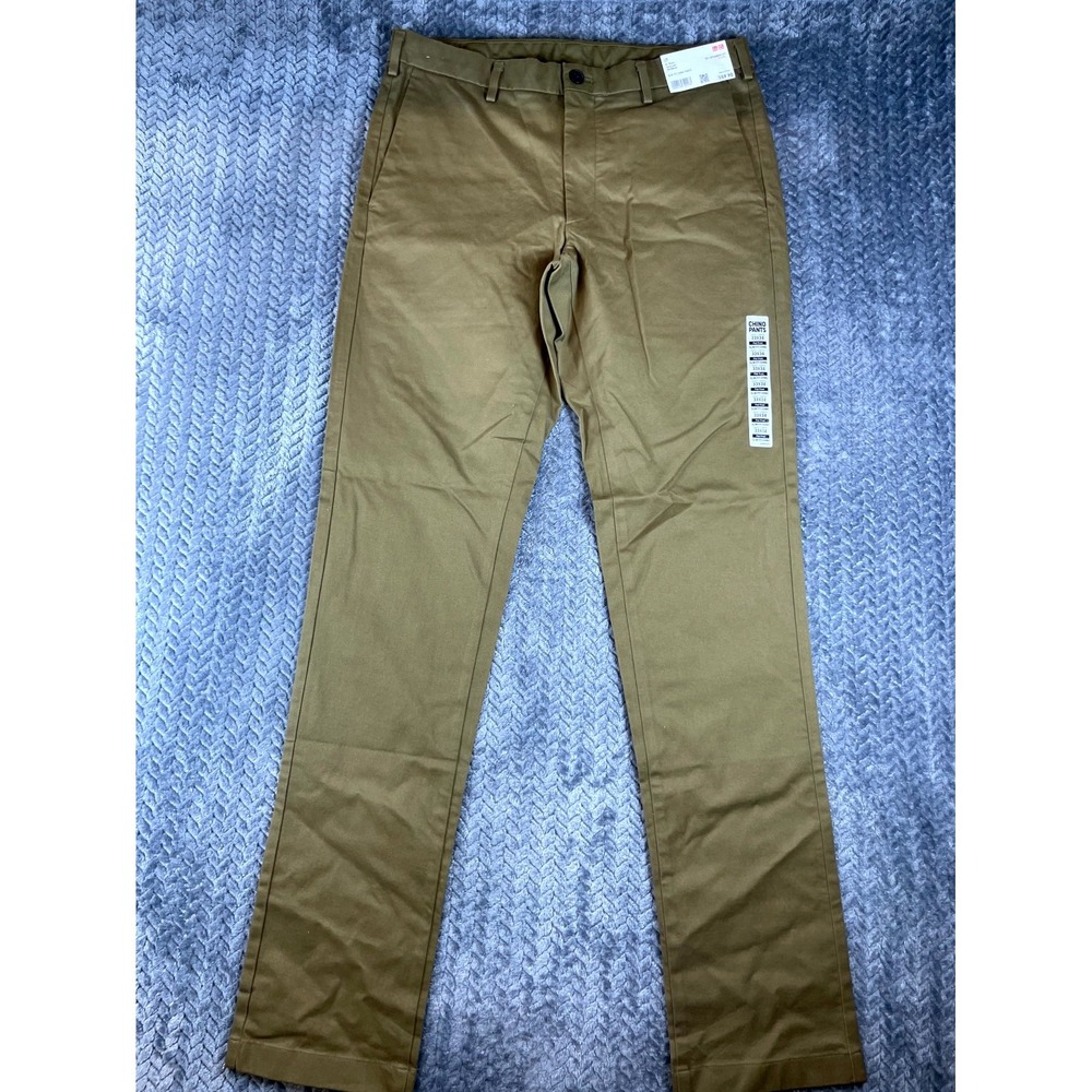 Uniqlo Chino Pants Mens 33x34 Khaki Cotton Stretch Straight Leg Slim Fit Golf